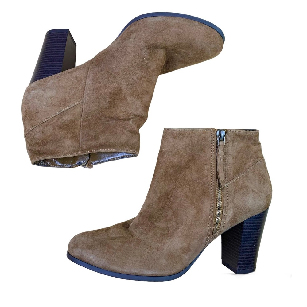 Cole Haan Davenport Boots 8 Suede Leather Booties Ankle Tan Brown Block Heel Zip